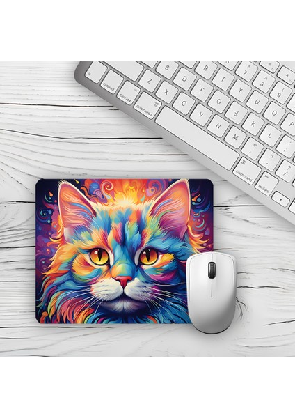 Gökkuşağı Renkli Kedi Tasarımlı Baskılı Kaydırmaz Taban 18X22 cm Mouse Pad