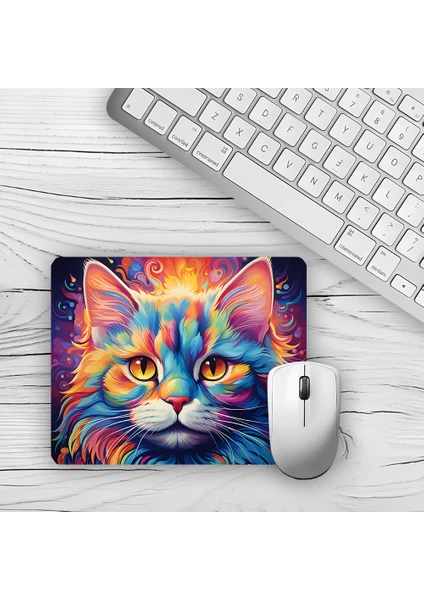 Moddy Store Gökkuşağı Renkli Kedi Tasarımlı Baskılı Kaydırmaz Taban 18X22 cm Mouse Pad