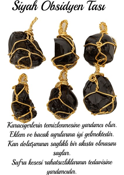 Sertifikalı Ham Tel Sargılı Obsidyen Taşı Kolye - Altın Kaplama