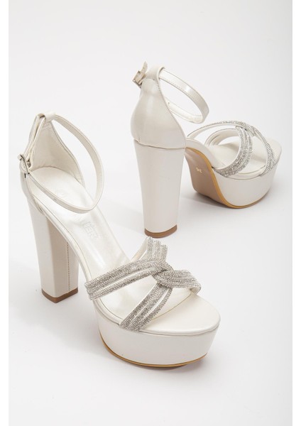 Saten Örgü Taşlı 40MM Sedef Kadın Platform Topuklu Abiye Ayakkabı