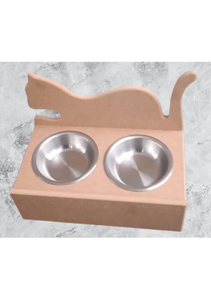 Hobi Adn 90368 Model Kedi Mama ve Su Kabı Ahşap Mdf Ham Paslanmaz Tabak El Yapım