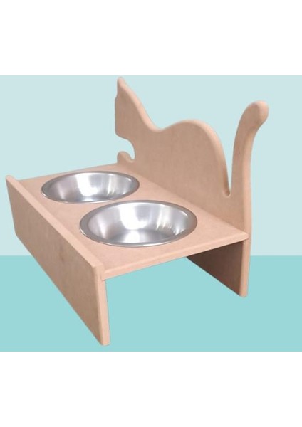 Hobi Adn 90368 Model Kedi Mama ve Su Kabı Ahşap Mdf Ham Paslanmaz Tabak El Yapım