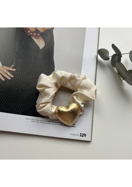 Alice İsstanbul Beyaz Gold Kalp Detaylı Scrunchie