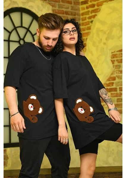 Sevgili Çift Kombini Unicex Oversize Ayı Nakışlı T-Shirt