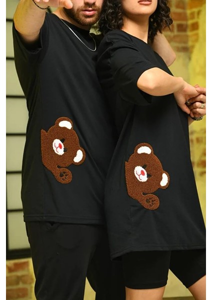Sevgili Çift Kombini Unicex Oversize Ayı Nakışlı T-Shirt modelleri