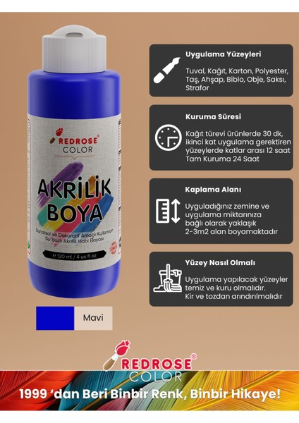 Red Rose Mavi Akrilik Boya 120 ml Sanatsal, Dekoratif, Hobi Amaçlı, Canlı Renkler