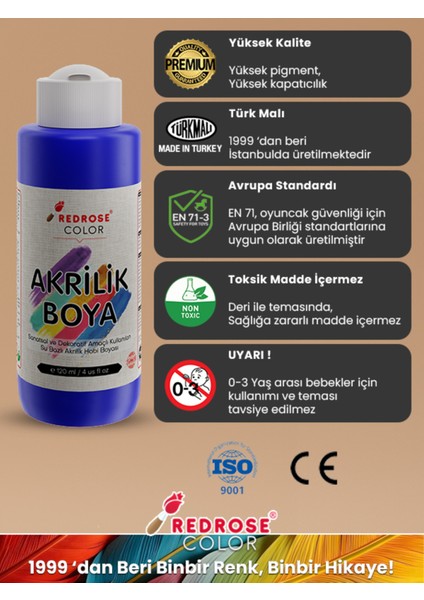 Red Rose Mavi Akrilik Boya 120 ml Sanatsal, Dekoratif, Hobi Amaçlı, Canlı Renkler