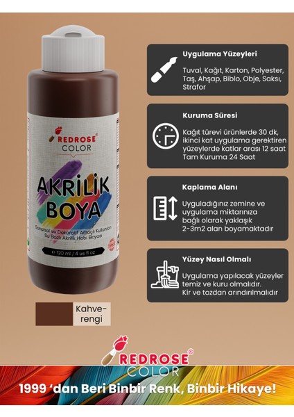 Red Rose Kahverengi Akrilik Boya 120 ml Sanatsal, Dekoratif, Hobi Amaçlı, Canlı Renkler