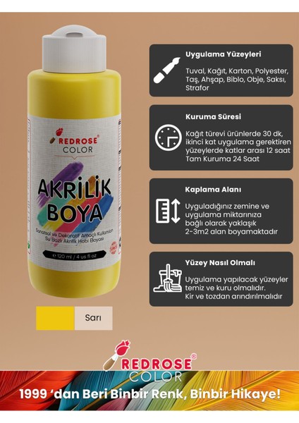 Red Rose Sarı Akrilik Boya 120 ml Sanatsal, Dekoratif, Hobi Amaçlı, Canlı Renkler