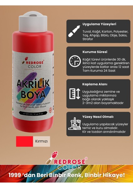 Kırmızı Akrilik Boya 120 ml Sanatsal, Dekoratif, Hobi Amaçlı, Canlı Renkler
