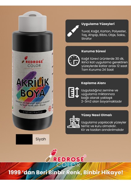 Siyah Akrilik Boya 120 ml Sanatsal, Dekoratif, Hobi Amaçlı, Canlı Renkler
