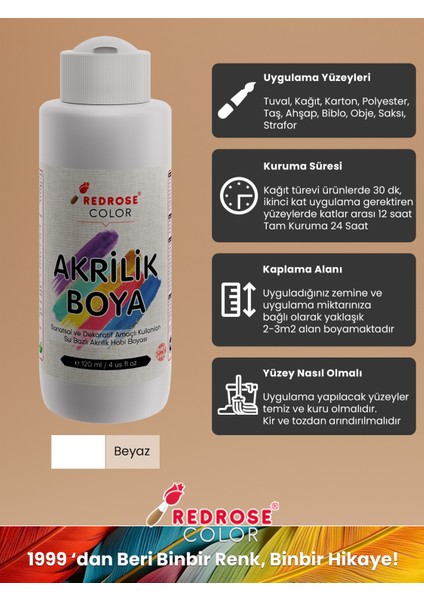 Red Rose Beyaz Akrilik Boya 120 ml Sanatsal, Dekoratif, Hobi Amaçlı, Canlı Renkler