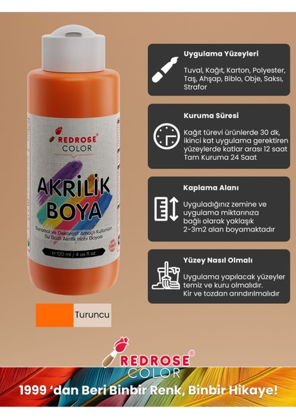 Turuncu Akrilik Boya 120 ml Sanatsal, Dekoratif, Hobi Amaçlı, Canlı Renkler