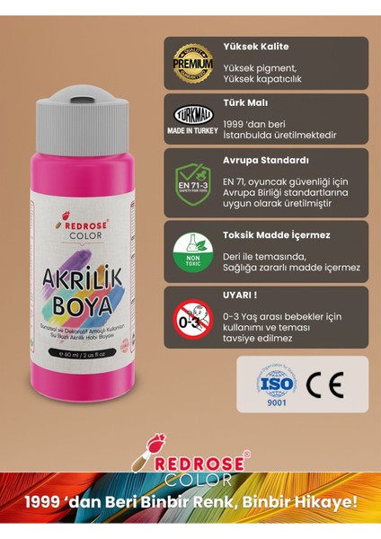 Red Rose Fuşya Akrilik Boya 60 ml Sanatsal, Dekoratif, Hobi Amaçlı, Canlı Renkler