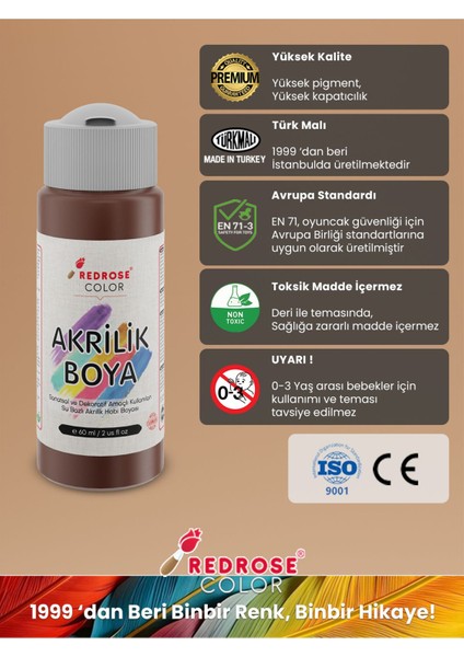 Kahverengi Akrilik Boya 60 ml Sanatsal, Dekoratif, Hobi Amaçlı, Canlı Renkler