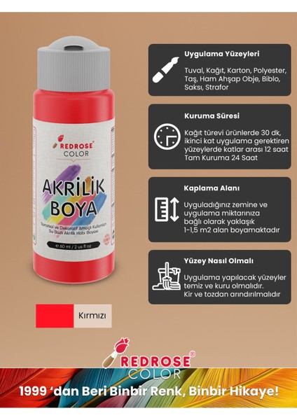 Red Rose Kırmızı Akrilik Boya 60 ml Sanatsal, Dekoratif, Hobi Amaçlı, Canlı Renkler