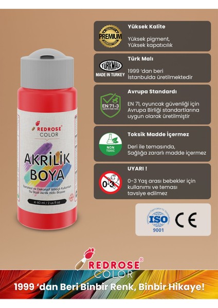 Red Rose Kırmızı Akrilik Boya 60 ml Sanatsal, Dekoratif, Hobi Amaçlı, Canlı Renkler