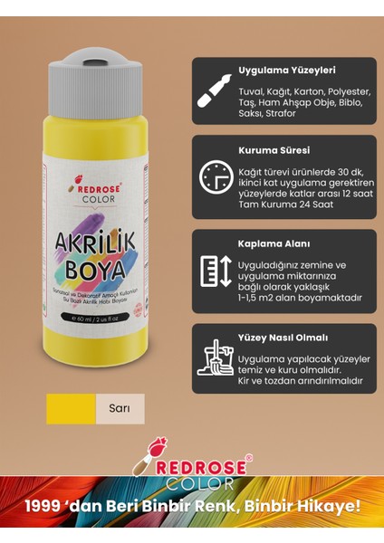 Sarı Akrilik Boya 60 ml Sanatsal, Dekoratif, Hobi Amaçlı, Canlı Renkler