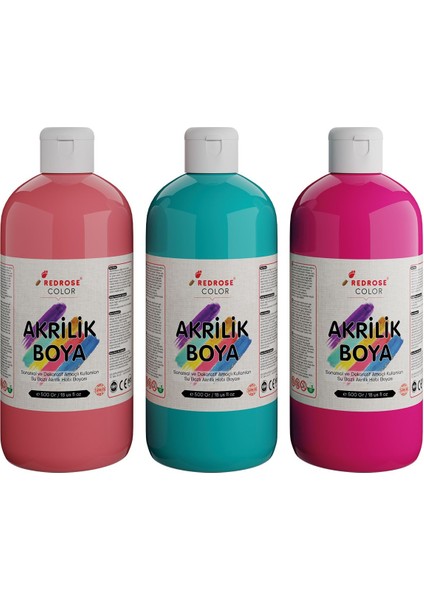 Pembe-Turkuaz-Fuşya Akrilik Boya 3'lü Set 3X500 gr Dekoratif, Hobi Amaçlı, Sanatsal, Canlı Renkler
