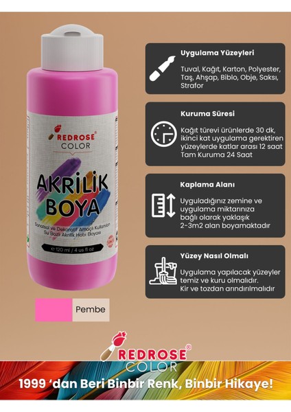 Pembe Akrilik Boya 120 ml Sanatsal, Dekoratif, Hobi Amaçlı, Canlı Renkler