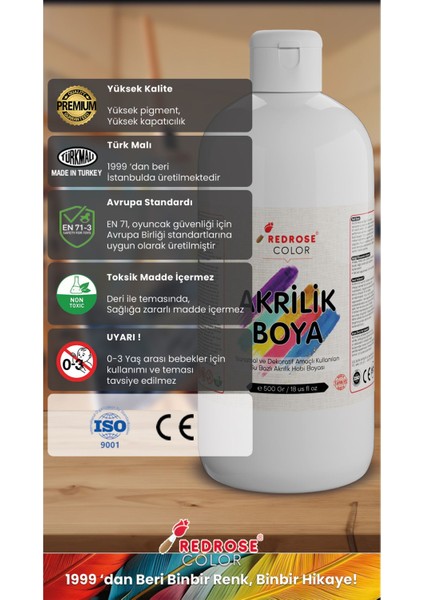 Beyaz Akrilik Boya 2'li Set 2X500 gr Dekoratif, Hobi Amaçlı, Sanatsal, Canlı Renkler