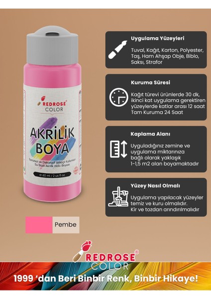 Pembe Akrilik Boya 60 ml Sanatsal, Dekoratif, Hobi Amaçlı, Canlı Renkler