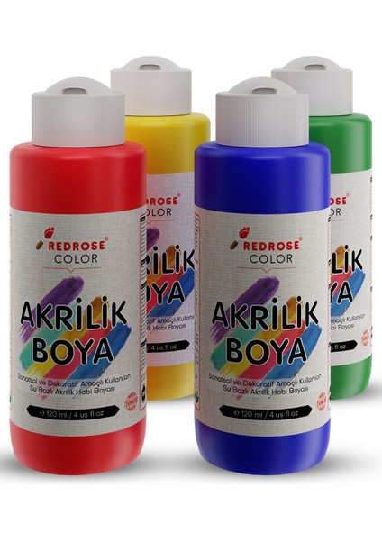 Ana Renkler Akrilik Boya 4'lü Set 4X120 ml Dekoratif, Hobi Amaçlı, Sanatsal, Canlı Renkler