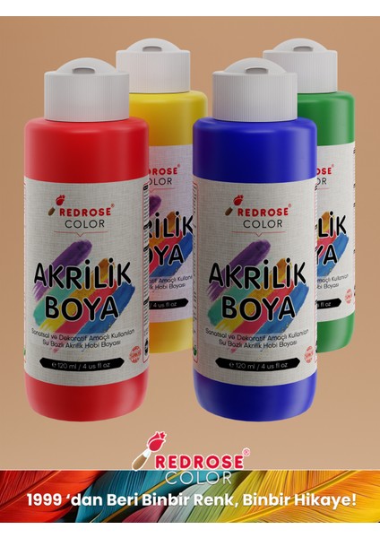 Ana Renkler Akrilik Boya 4'lü Set 4X120 ml Dekoratif, Hobi Amaçlı, Sanatsal, Canlı Renkler