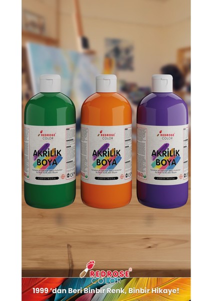 Yeşil-Turuncu-Mor Akrilik Boya 3'lü Set 3X500 gr Dekoratif, Hobi Amaçlı, Sanatsal, Canlı Renkler