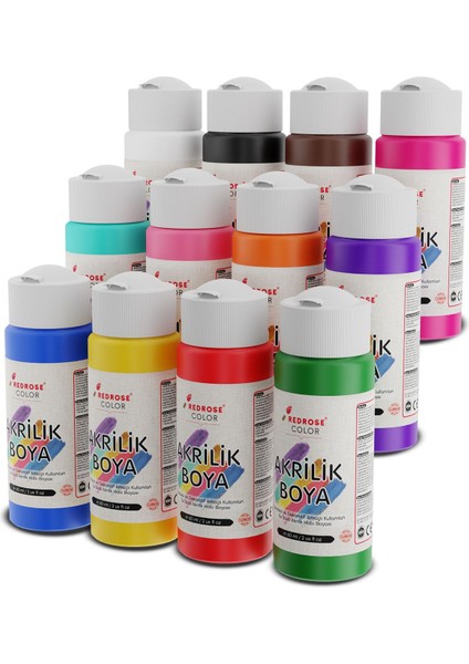 Tüm Renkler Akrilik Boya 12'lı Set 12X60 ml Dekoratif, Hobi Amaçlı, Sanatsal, Canlı Renkler