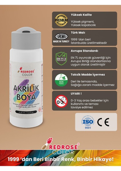 Tüm Renkler Akrilik Boya 12'lı Set 12X60 ml Dekoratif, Hobi Amaçlı, Sanatsal, Canlı Renkler