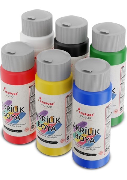 Ana Renkler Akrilik Boya 6'lı Set 6X60 ml Dekoratif, Hobi Amaçlı, Sanatsal, Canlı Renkler