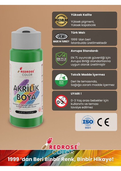 Red Rose Yeşil Akrilik Boya 60 ml Sanatsal, Dekoratif, Hobi Amaçlı, Canlı Renkler