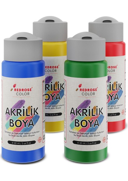 Ana Renkler Akrilik Boya 4'lü Set 4X60 ml Dekoratif, Hobi Amaçlı, Sanatsal, Canlı Renkler