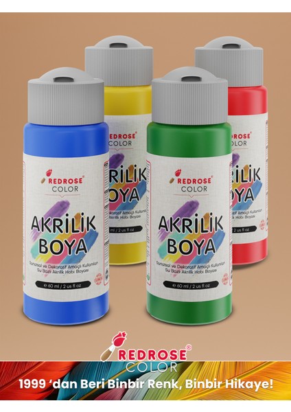 Ana Renkler Akrilik Boya 4'lü Set 4X60 ml Dekoratif, Hobi Amaçlı, Sanatsal, Canlı Renkler