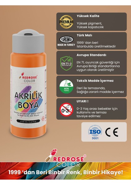 Red Rose Turuncu Akrilik Boya 60 ml Sanatsal, Dekoratif, Hobi Amaçlı, Canlı Renkler