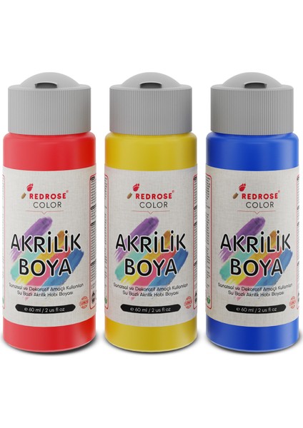 Kırmızı-Mavi-Sarı Akrilik Boya 3'lü Set 3X60 ml Dekoratif, Hobi Amaçlı, Sanatsal, Canlı Renkler