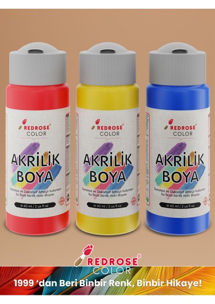 Kırmızı-Mavi-Sarı Akrilik Boya 3'lü Set 3X60 ml Dekoratif, Hobi Amaçlı, Sanatsal, Canlı Renkler