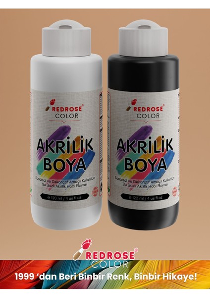 Red Rose Beyaz-Siyah Akrilik Boya 2'li Set 2X120 ml Dekoratif, Hobi Amaçlı, Sanatsal, Canlı Renkler