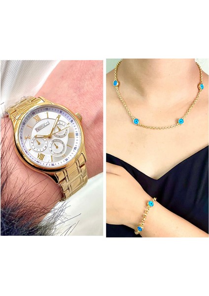 Spor Model Su Geçirmez Çelik Kadın Kol Saat+Nazarlıklı Set