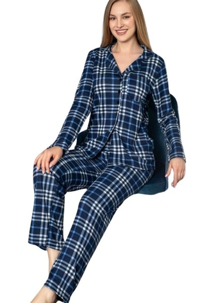 Kareli Mavi Kadın Süet Pijama Takımı
