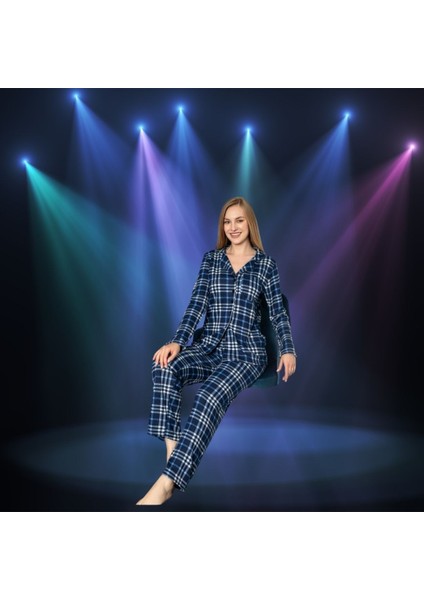 Kareli Mavi Kadın Süet Pijama Takımı