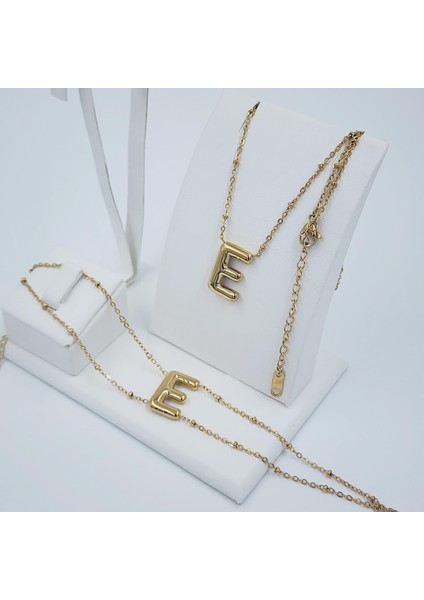 Çelik Gold Balon E Harfi Kombin-Kolye,bileklik Kombin