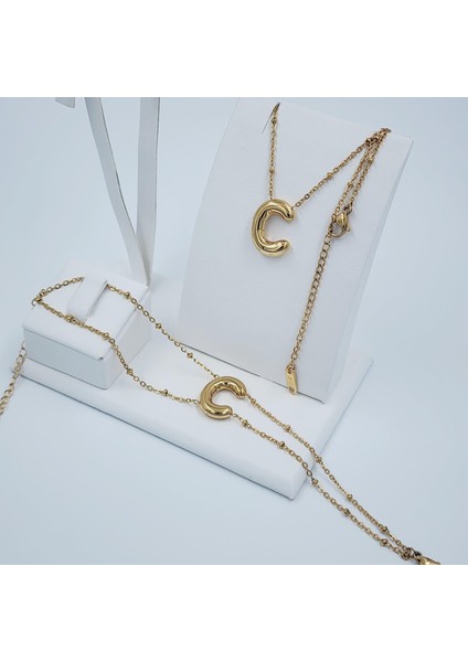 Çelik Gold Balon C Harfi Kombin-Kolye,bileklik Kombin