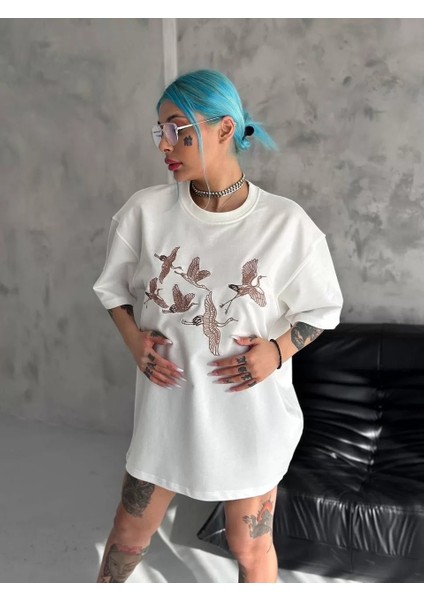 Unisex Nakış Işlemeli T-Shirt - Beyaz