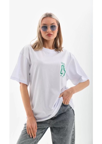 Unisex Baskılı Oversize T-Shirt - Beyaz