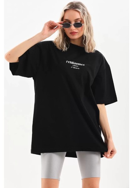 Unisex Baskılı Oversize T-Shirt - Siyah