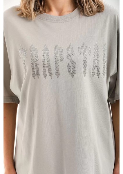Unisex Taş Desenli Oversize T-Shirt - Gri