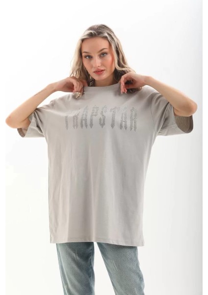 Unisex Taş Desenli Oversize T-Shirt - Gri