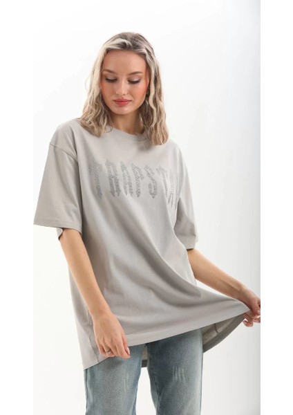 Unisex Taş Desenli Oversize T-Shirt - Gri